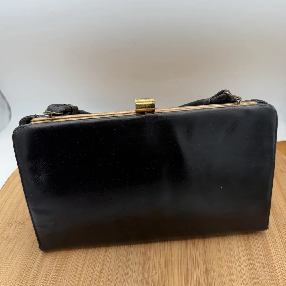 Vintage 1950s Lesco‎ Genuine Leather Handbag Black with Brass/Gold trim